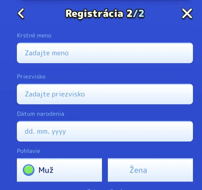 Pistolo Casino registrácia – osobné údaje a výber pohlavia. Registračný formulár na stránke Pistolo Casino – krok 2 z 2 so vstupnými poľami pre meno, priezvisko, dátum narodenia a výber pohlavia.
